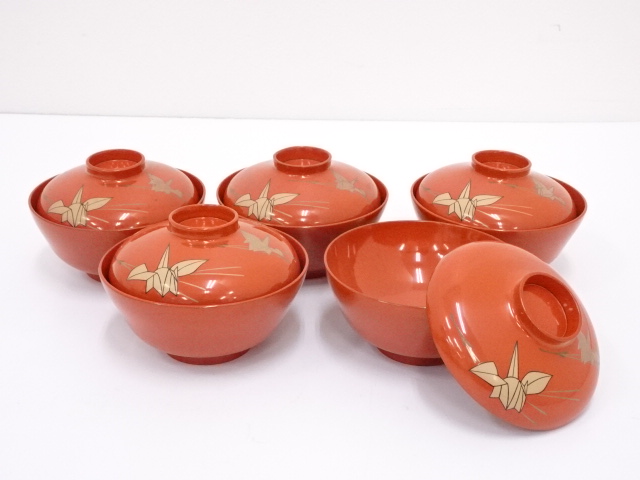 JAPANESE RED LACQUER LIDDED BOWL SET OF 5 / ORIGAMI CRANE 
